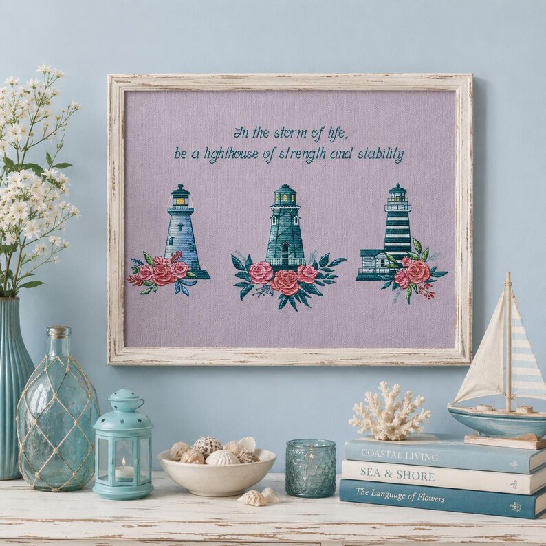 Blommigt fyrkorsstygnsmönster Fyrdekor Livscitat Ornament Hav Sommar korsstygnsprov Digital nedladdning PDF-mönster bild 1