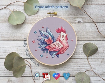 Origami bird cross stitch pattern Floral chicken decor DIY Hello spring Hen cross stitch for plastic canvas Cottagecore Digital download