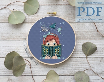 Girl cross stitch pattern Book cross stitch Dreams embroidery design Fantasy cross stitch Whale pattern