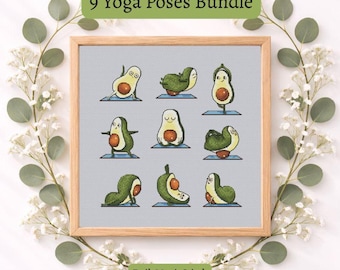 Avocado Yoga Cross Stitch Pattern, easy embroidery pattern for plastic canvas, vegan cross stitch (instant download PDF)
