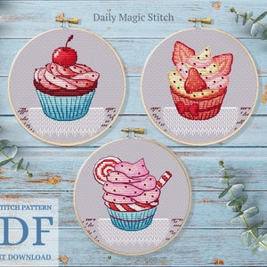 Schema punto croce cibo Punto croce cucina Cupcake Caramella Punto croce moderno Punto croce facile Bacche ricamo design