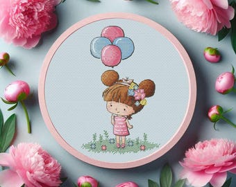 Girl with balloons cross stitch pattern, Baby girl cross stitch Cute nursery room decor Birthday gift One year gift