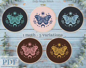 Moth cross stitch pattern, Moon phase embroidery Witchcraft primitive monochrome design, Insect cross stitch Gothic pattern Digital PDF