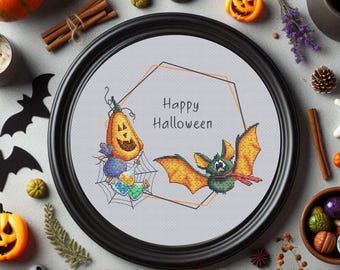 Happy Halloween cross stitch pattern, Bat cross stitch Halloween Wreath cross stitch decor, Kids room Funny cross stitch design Pumpkin