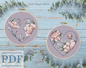 Blumenherz Kreuzstich-Muster, Valentinstag und Hochzeit DIY Design (PDF-Muster)