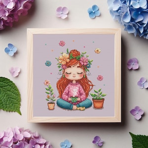 Schema punto croce ragazza yoga Meditazione del tè Posizione del loto Punto croce floreale Pianta Mamma Mindfulness ricamo Relax Digitale Scarica PDF