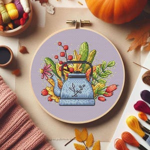 Tea cross stitch pattern Fall cross stitch Teapot Kitchen embroidery design Floral cross stitch Leaf cross stitch kettle Pillow cross stitch