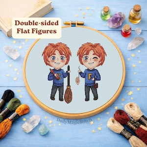 Magic twins cross stitch pattern Funny wizard boy plastic canvas toy DIY gift Geek cross stitch Fandom embroidery Kawaii doll cross stitch