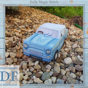 Ford cross stitch pattern, Magic blue car 3D embroidery model toy for plastic canvas (instant download PDF)