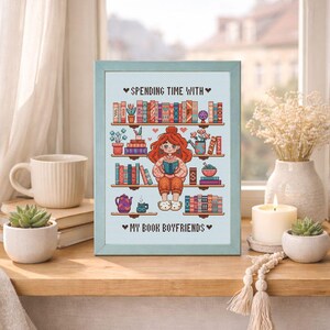 Reading Girl Cross Stitch Pattern, Book Lover Embroidery, Bookshelf Cross Stitch, Bookworm Gift (PDF pattern) image 6