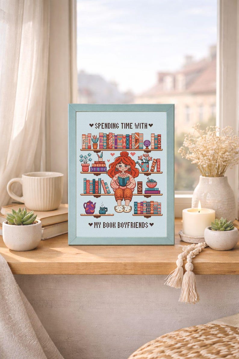 Reading Girl Cross Stitch Pattern, Book Lover Embroidery, Bookshelf Cross Stitch, Bookworm Gift (PDF pattern) image 6