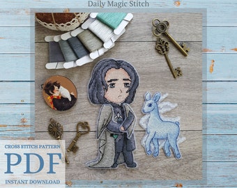 Potions professor and his patronus doe the two-sided figure cross stitch pattern, Movie Book Character Doll (instant download PDF)