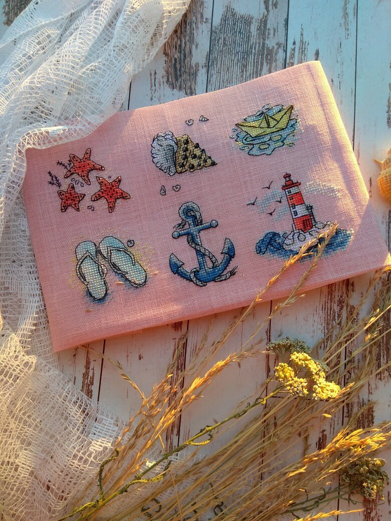Eiialerm Kit Punto Croce Fiori Di Spiaggia Con Conchiglie E Stelle Marine - Tela 40x50cm 11CT Prestampata - Per Adulti E Principianti