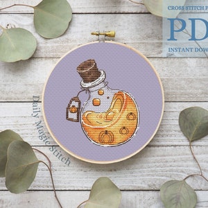 Halloween bottle cross stitch pattern, Witchy pumpkin potion jar embroidery Witchcraft Easy small cross stitch Digital download PDF