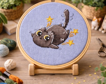 Funny Cat Cross Stitch Pattern | Cute Kawaii Cat PDF Instant Download | Modern Pet Embroidery