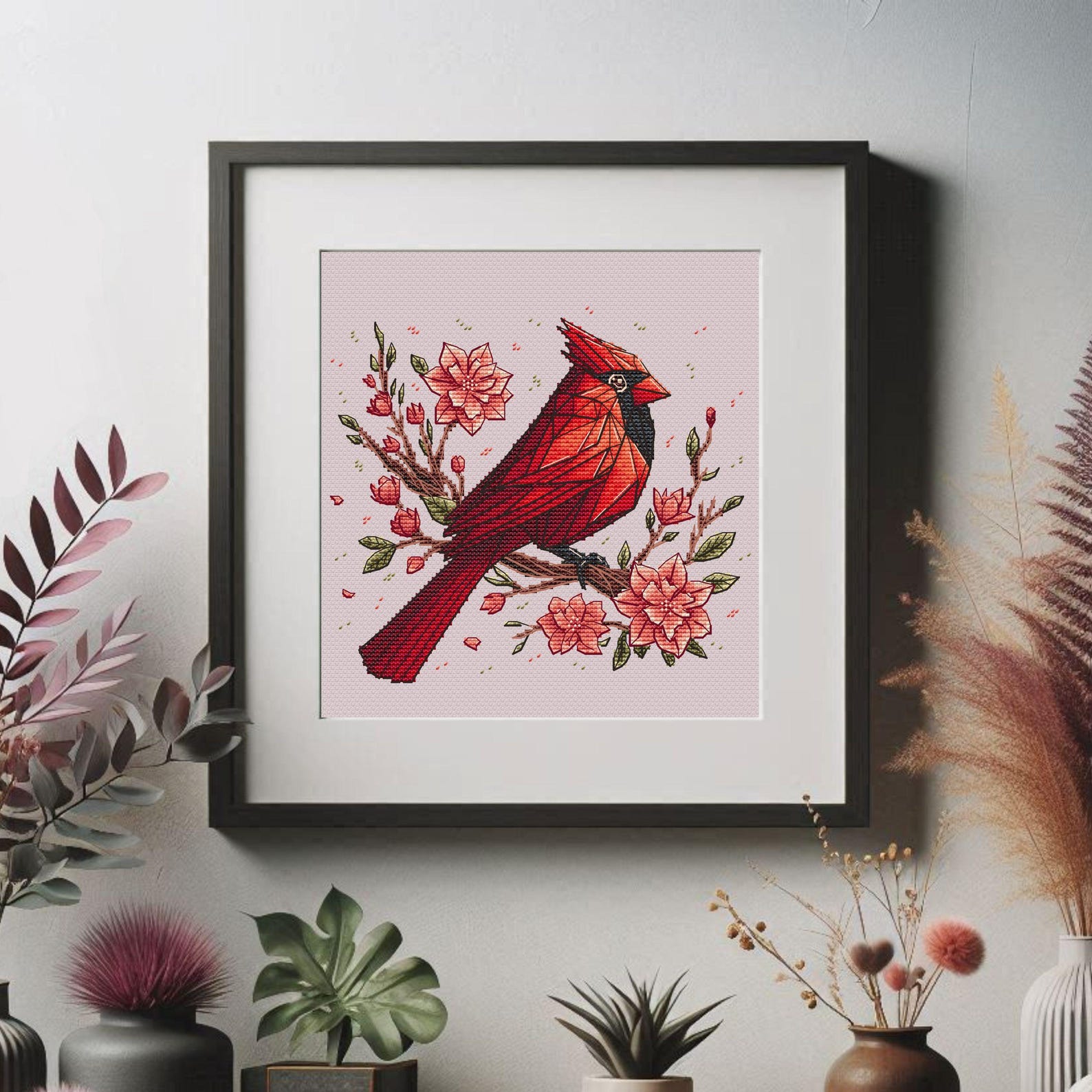 Hello Cardinal Pattern Origami Cardinal Cross Stitch Pattern Floral Bird Decor DIY Hello ...