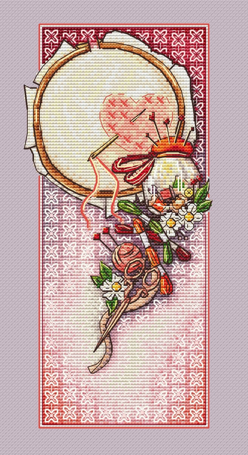 May include: A cross-stitch design featuring a wooden embroidery hoop with a heart, a pincushion, scissors, and floral accents. The color palette includes shades of pink, white, and brown, with a decorative border.