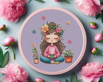 Yoga girl cross stitch pattern Tea Meditation cross stitch Lotus position Floral cross stitch Mindfulness embroidery Digital Download PDF