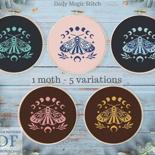 Moon phase Moth cross stitch pattern, Witchcraft primitive monochrome design, Insect cross stitch Gothic cross stitch Digital PDF pattern