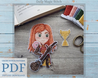 Witch cross stitch pattern for plastic canvas * Fandom cross stitch * Kawaii magic girl cross stitch figure * Digital PDF pattern