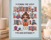 Reading Girl Cross Stitch Pattern, Book Boyfriends Time, Bookshelf Embroidery Design, Book Lover Gift
