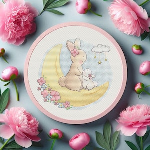 Bunny cross stitch pattern, mother with baby girl cross stitch happy parents embroidery pattern To the Moon (digital PDF file)