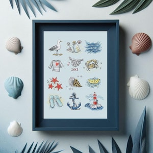 Puede incluir: Una impresión enmarcada azul con un fondo azul claro y varias ilustraciones de temas náuticos y de playa. Las ilustraciones incluyen una gaviota, una concha, un cangrejo, un faro, un barco, una estrella de mar, una cuerda, chanclas y una botella. El texto "I sea" está escrito en el centro de la impresión.