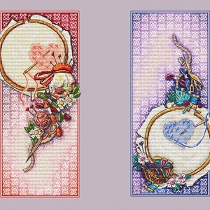 May include: Two vertical illustrations featuring embroidery hoops with cross-stitched hearts. One has red accents, the other blue. Both include sewing tools like scissors, needles, and thread, along with floral elements, creating a craft theme.