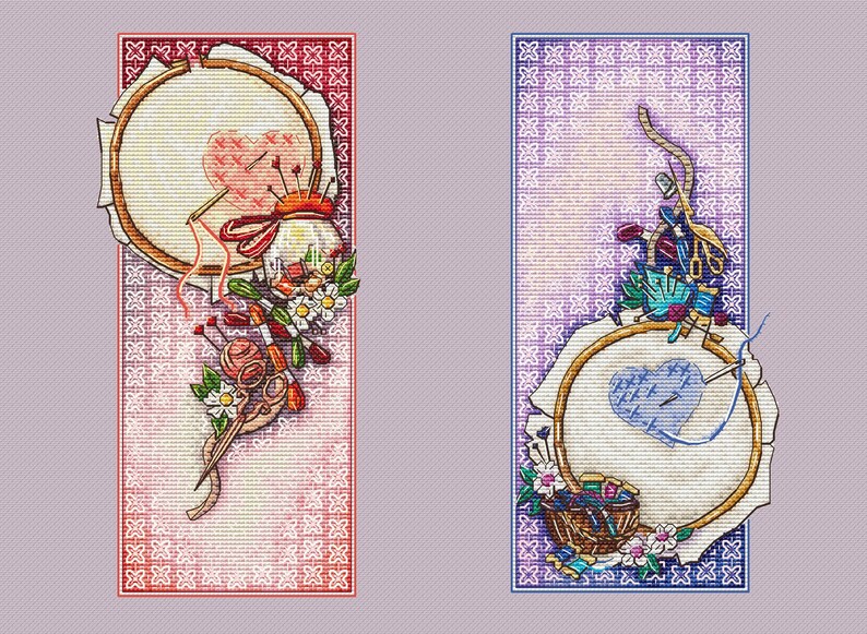 May include: Two vertical illustrations featuring embroidery hoops with cross-stitched hearts. One has red accents, the other blue. Both include sewing tools like scissors, needles, and thread, along with floral elements, creating a craft theme.