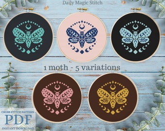 Moon phase moth cross stitch pattern, Witchy embroidery, Insect cross stitch Gothic primitive monochrome design(digital PDF)