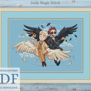 Ängel och demon korsstygnsmönster, Good Omens broderi (nedladdning direkt)