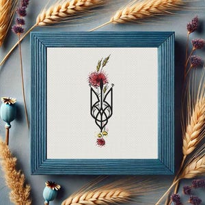 Poppy Ukrainian Trident Coat of Arms cross stitch pattern | Embroidery national elements (digital download PDF)