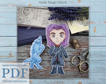 May include: Cross stitch pattern PDF for a character with purple hair and a blue wolf. The pattern is titled "Daily Magic Stitch".