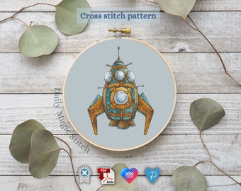 Space rocket cross stitch pattern Nerdy Retro cross stitch Vintage style gift for boys Nursery or Kids Room - DIY Gift Digital download
