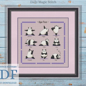 Panda Yoga Cross Stitch Pattern, easy counted cross stitch chart for plastic canvas, embroidery, sport life (instant download PDF)