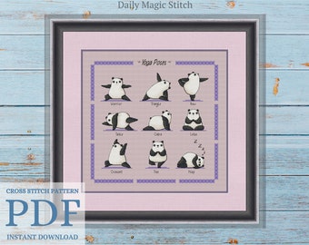 Panda Yoga Cross Stitch Pattern, easy counted cross stitch chart for plastic canvas, embroidery, sport life (instant download PDF)