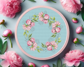 Peony Wreath Cross Stitch Pattern, Floral Wedding Embroidery Design (PDF pattern)