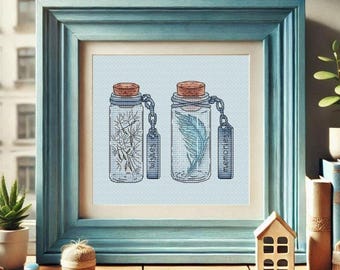 Cross stitch pattern bottle Dandelion embroidery, Feather cross stitch Summer memories jar, Small modern cross stitch