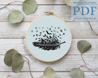 Feather cross stitch pattern, Raven Birds primitive monochrome Crow Silhouette embroidery design Easy cross stitch (digital PDF)