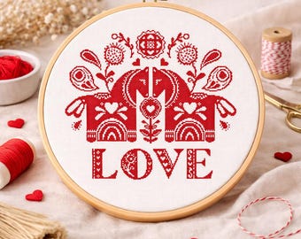 Love cross stitch pattern Horse folk primitive monochrome cross stitch sampler with flowers ornaments Wedding gift idea (digital PDF)