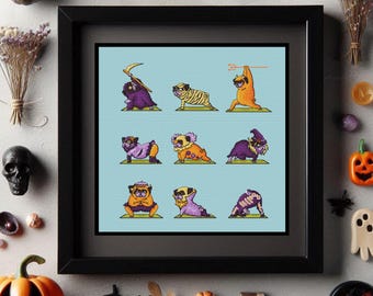 Halloween cross stitch pattern, Pug dog cross stitch Yoga embroidery pattern for plastic canvas Funny cross stitch
