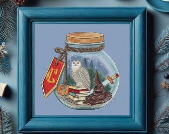 May include: A glass jar with a blue rope lid and a white owl, a brown hat, a sword, and books inside. The jar has a red tag with the letter "E" on it.