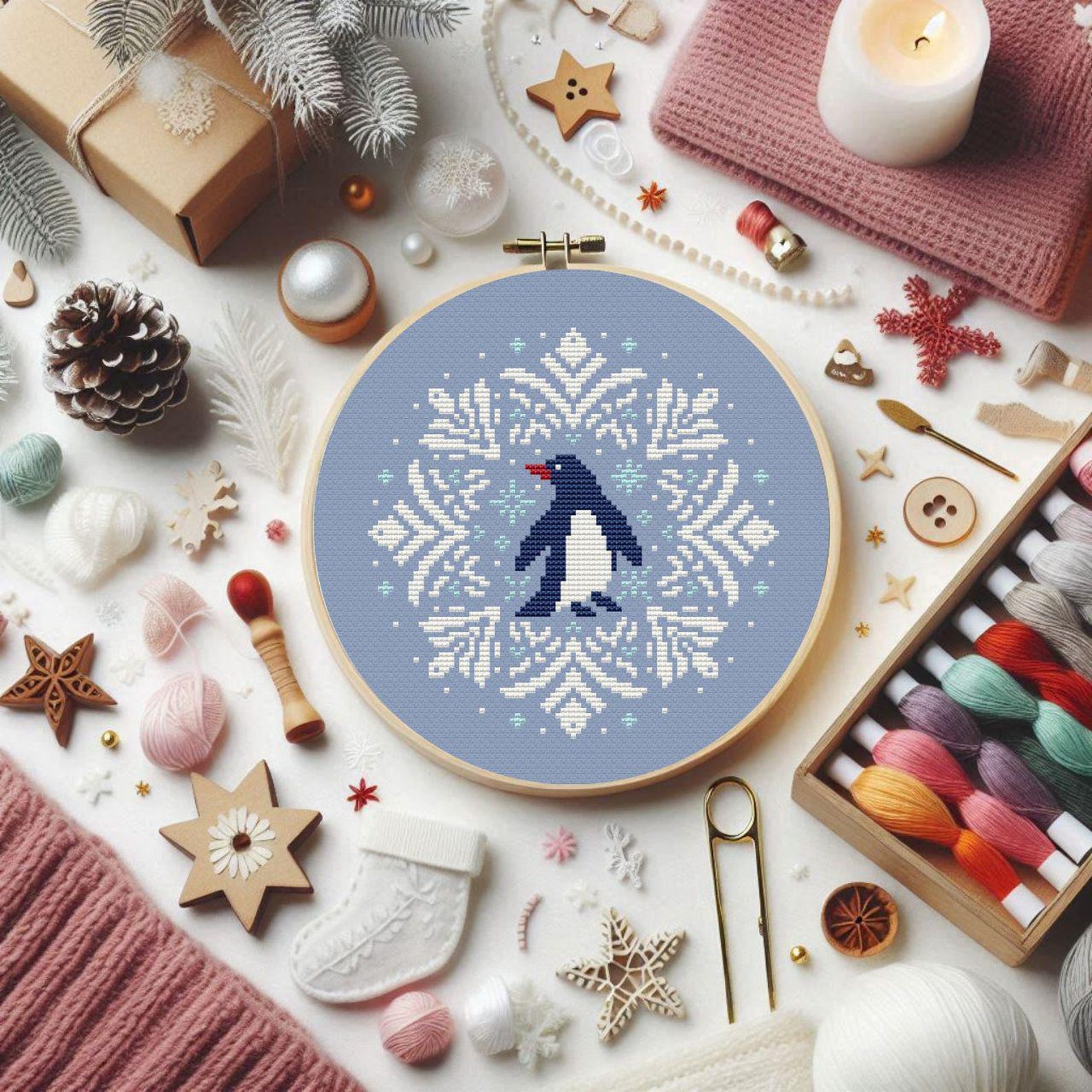 Penguin Snowflake Cross Stitch Pattern Christmas Ornament Winter Animal ...