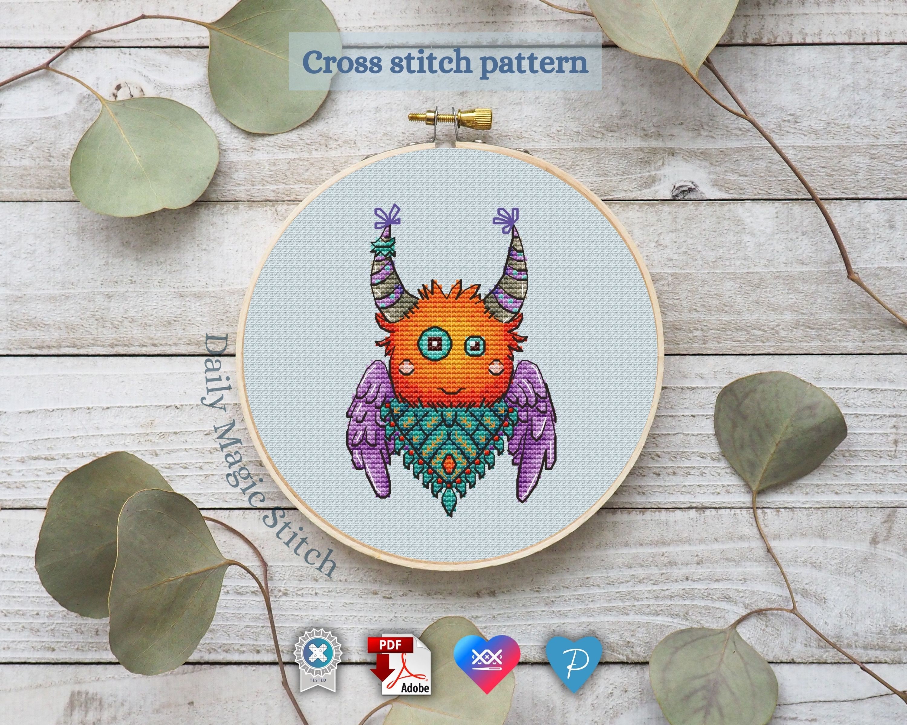Cross stitch pattern Funny monster with wings Embroidery assistant Cute baby cross stitch Nursery decor DIY Digital download PDF pattern