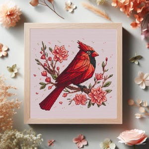 May include: A geometric red cardinal bird perched on a branch with pink blossoms. The bird is stylised with a geometric pattern and the flowers are detailed with delicate petals.