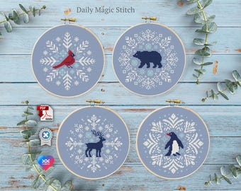 Snowflake cross stitch pattern Christmas ornament Winter sampler Nordic Forest animal & bird embroidery silhouette Cardinal Deer Penguin PDF