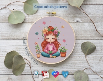 Yoga girl cross stitch pattern Tea meditation Lotus position Floral cross stitch Plant Mom Mindfulness embroidery Relax Digital Download PDF