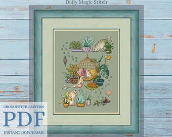 Funny Cat cross stitch pattern, Plant cross stitch Modern cross stitch Mouse pattern Floral Wall decor embroidery