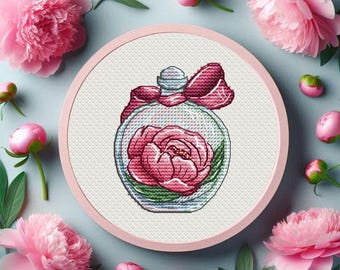 Peony bottle Modern Cross Stitch Pattern, Floral Spring jar embroidery Instant download PDF