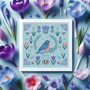 Spring floral sampler Bird cross stitch pattern Primitive quaker Forest bluebird embroidery Crocus Tulips Snowdrops flower folk cross stitch